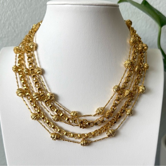 Vintage 5 Strand Gold Tone Layered Necklace Choker Statement Chain Gem-Craft? - Picture 1 of 13